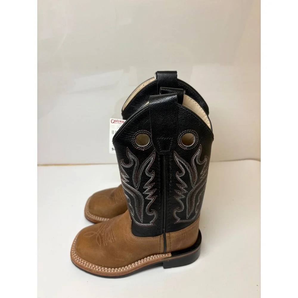 Old West Kids Brown Black Leather Square Toe Cowboy Boots BSC1814 Size 9.5 D